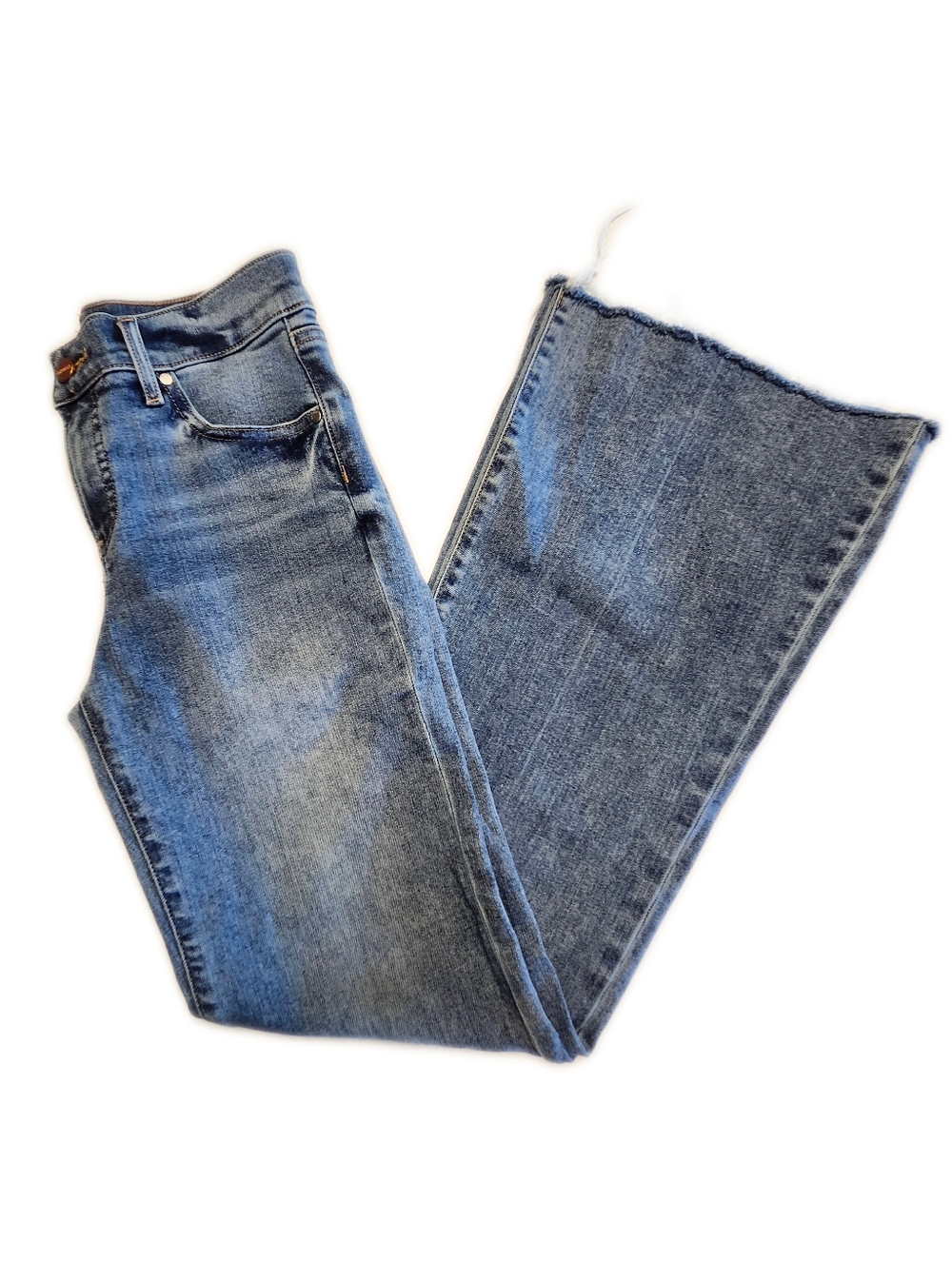 Express Mid Rise 70s Flare Raw Hem Medium Blue Denim Jeans, 2